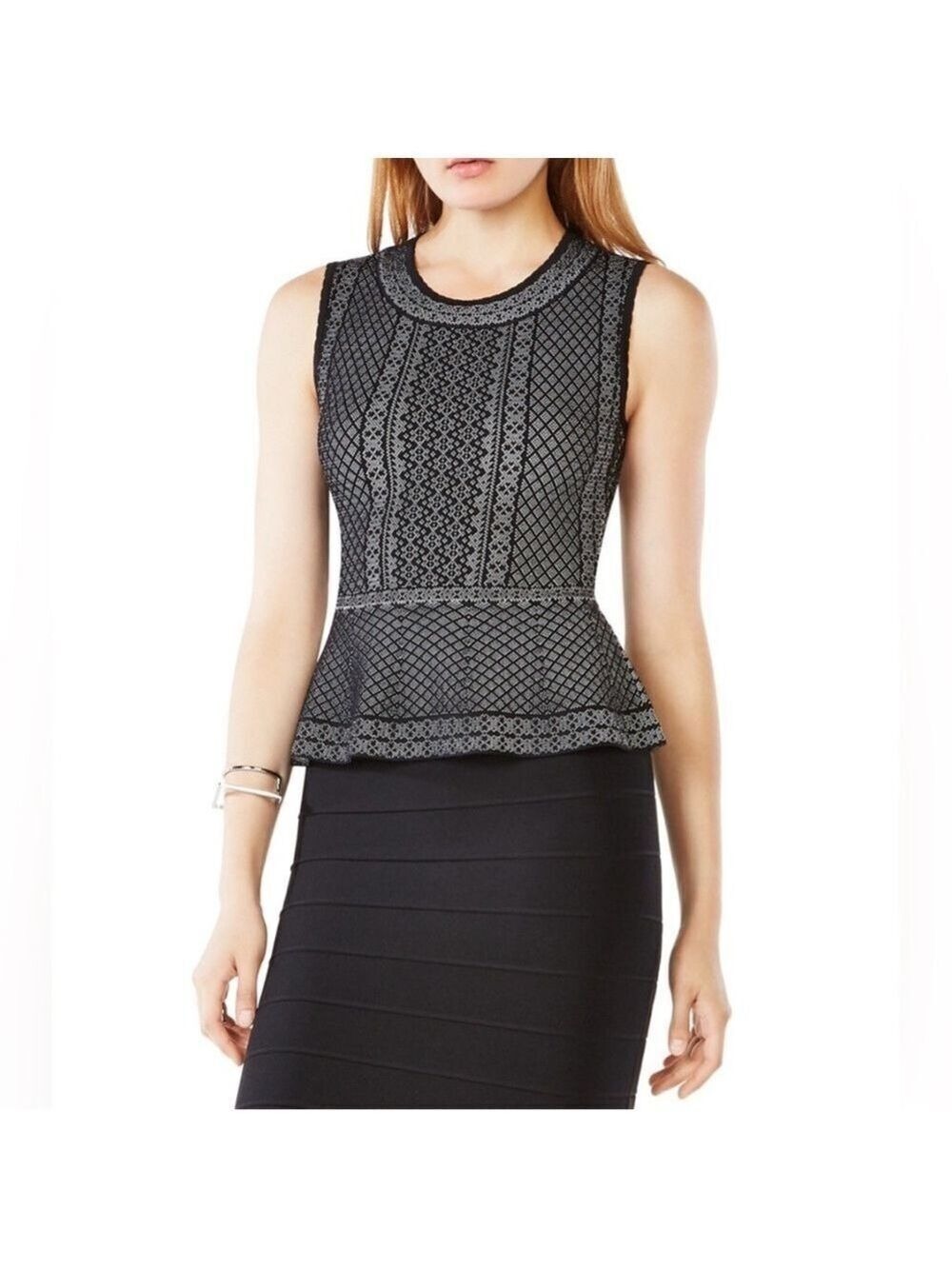 BCBGMaxAzria Black Lace Peplum Shell Small